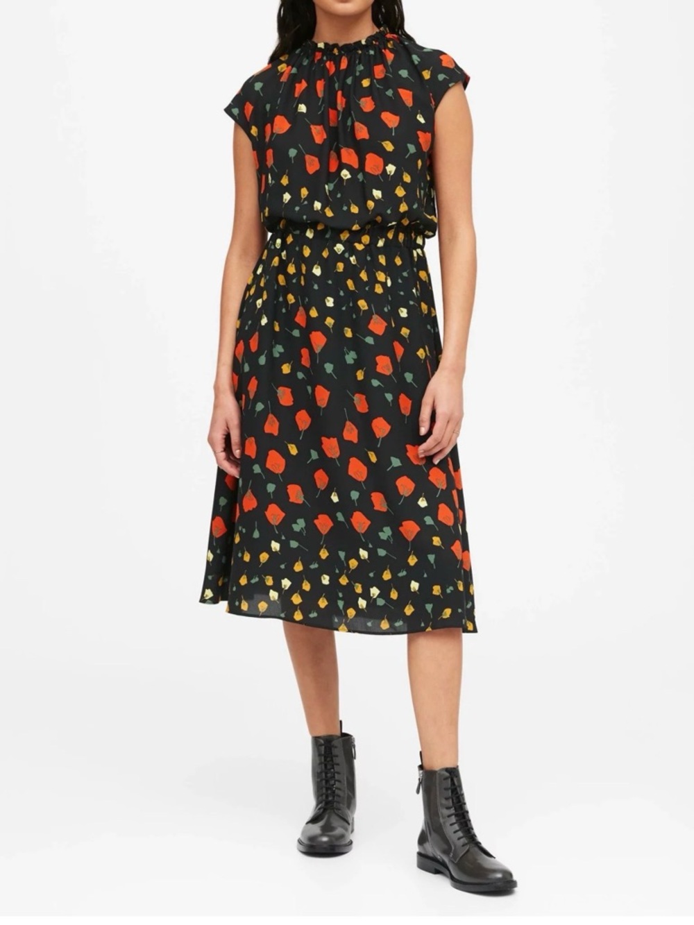 Banana Republic petite black red yellow poppy chiffon midi dress - 00
